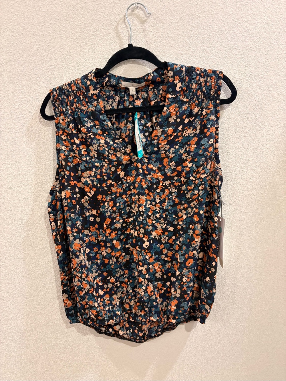 nine britton Navy Floral Sleeveless Blouse with Orange & Cream Flowers